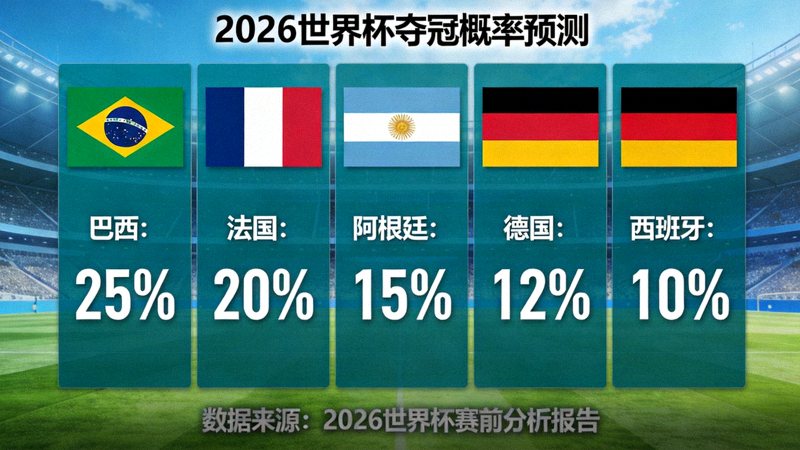2026世界杯夺冠概率预测图表 - 显示各国家队夺冠可能性百分比