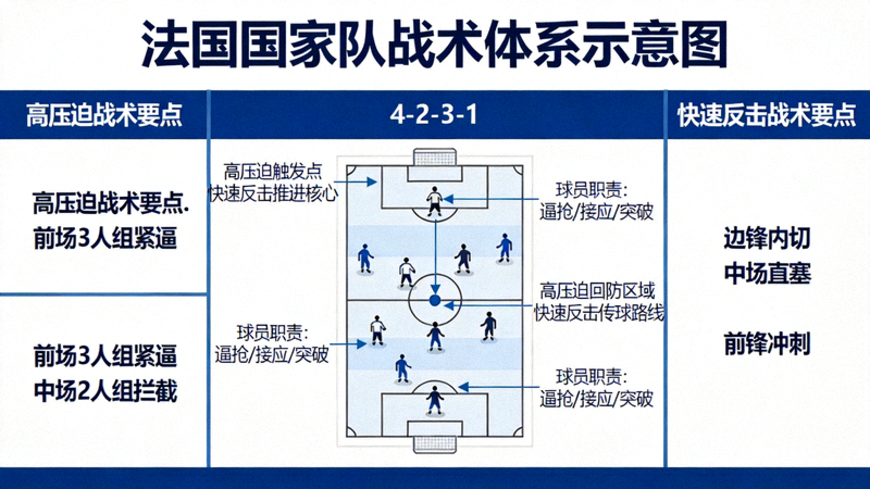 法国国家队战术体系示意图 - 展示高压迫、快速反击的战术阵型