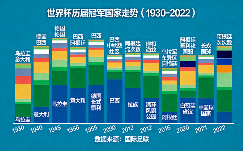 世界杯历届冠军国家走势可视化图表 - 从1930年至2022年的冠军分布图